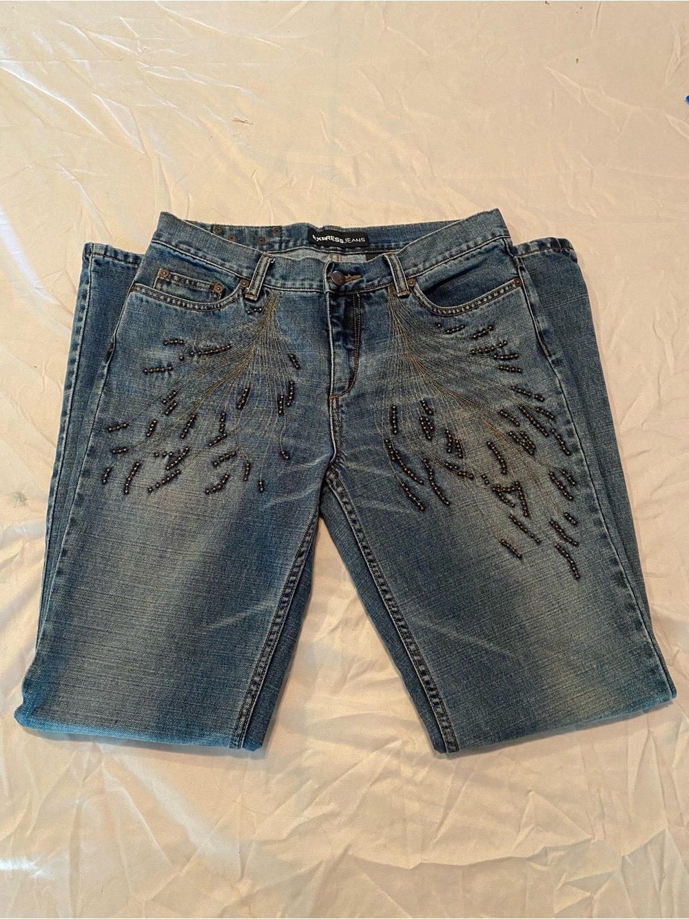VTG Express Jeans 100% Cotton Studded Sunburst Low Rise Flare Leg 7/8 Y2K - Picture 11 of 15